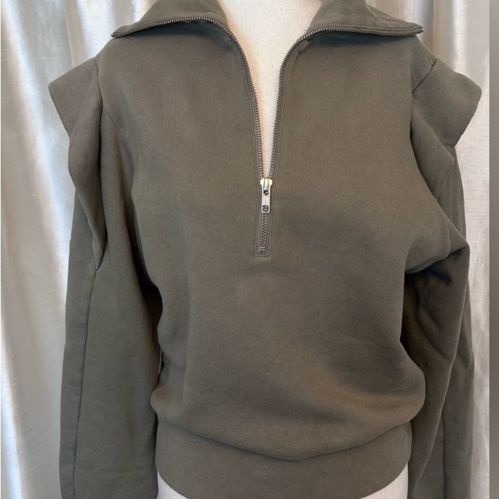 FRAME Sporty Half Zip Ruffle Shoulder Detail Sweatshirt Military Green S EUC - Picture 12 of 14
